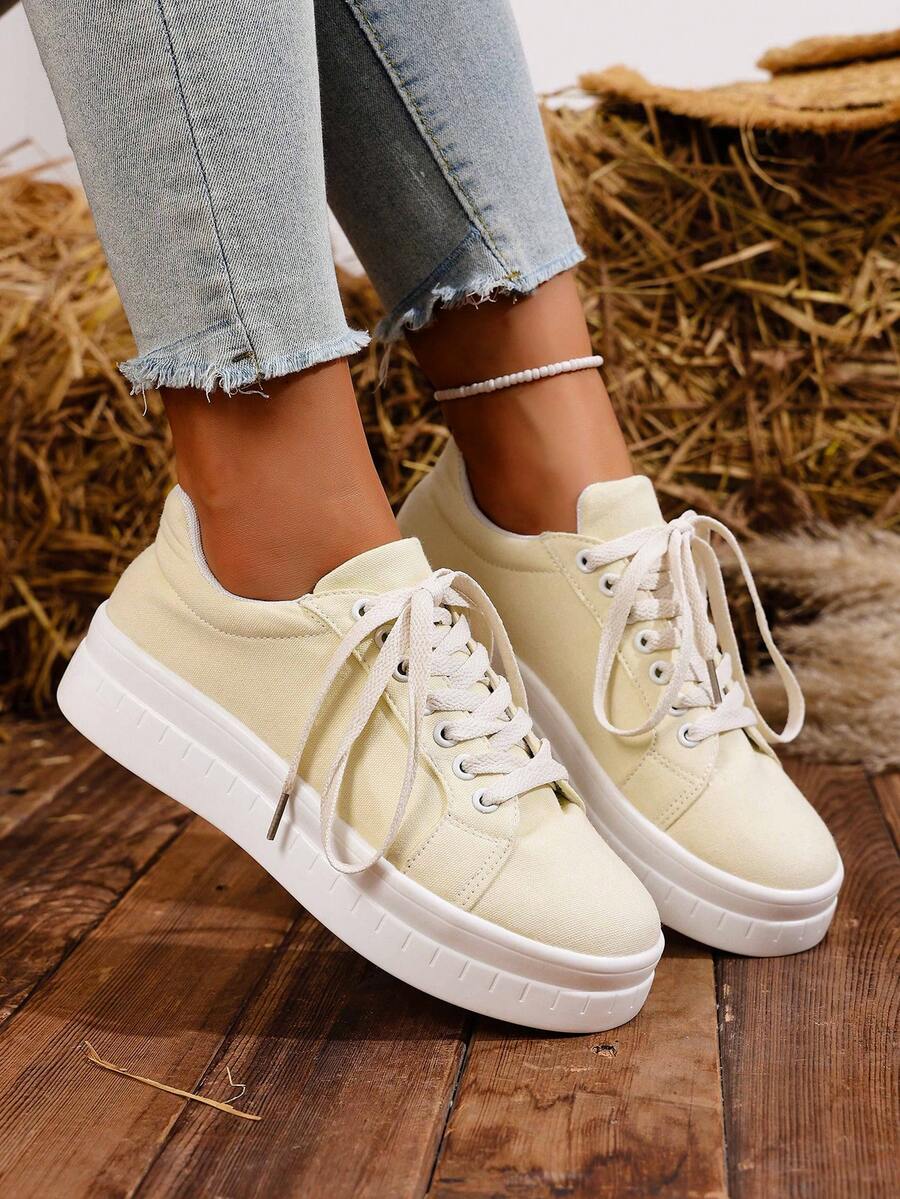 Women's Solid Color Casual Sneakers, Lightweight And Versatile, Thick Sole Campus Student Shoes With Front Laces, Suitable For All Seasons, Ideal For Daily Walking