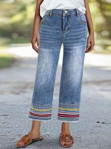 Jeans rectos con lavado, elásticos, bordados y dobladillo deshilachado, de moda y cómodos para mujeres