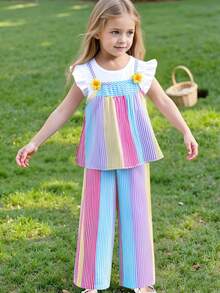 [Dreamy Rainbow . Playful Blooms] Ruffled Sleeve Meets 3D Flower Camisole + Wide Leg Pants Set, Girls Sweet Stripes Outfit, Energetic & Lovely, Suitable For Children's Daily Wear, Leisure, Travel And Outdoor - Multicolor - View 3