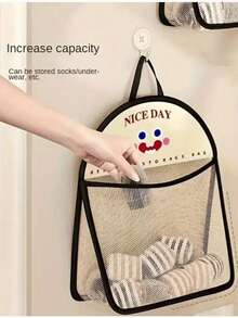 1/2pcs Printed Mesh Hanging Bag, Cartoon Design, Durable Mesh Fabric With Sturdy Hooks, Suitable For Storing Underwear, Socks, Fruits, Vegetables And Home Organization, Space-Saving Multi-Purpose Storage Bag - Multicolor - View 2