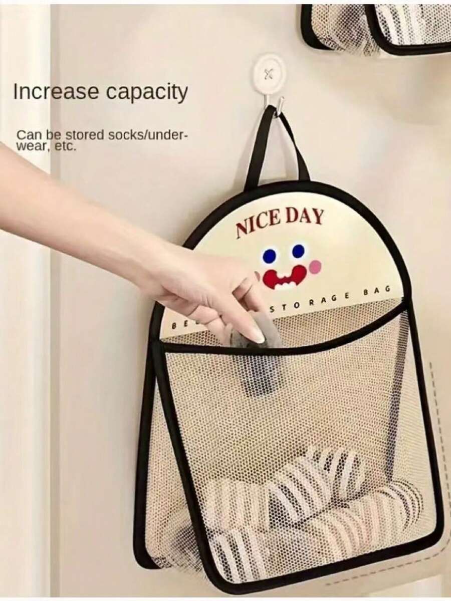 1/2pcs Printed Mesh Hanging Bag, Cartoon Design, Durable Mesh Fabric With Sturdy Hooks, Suitable For Storing Underwear, Socks, Fruits, Vegetables And Home Organization, Space-Saving Multi-Purpose Storage Bag