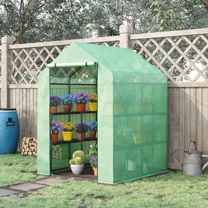 Outsunny Walk-In Greenhouse With Shelves - 143x138x190cm Garden Grow House With Removable Cover, Green