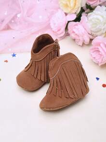 yibubu 棕色婴儿鞋，时尚流苏女童靴，西部牛仔婴儿学步鞋，防滑橡胶底新生儿平底鞋 - 棕色 - 查看 6