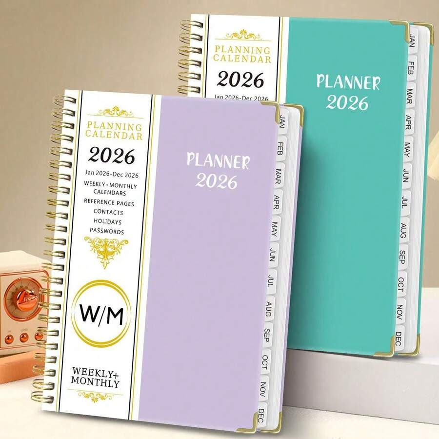 2026/1-12 Months A5 Planner Notebook, 71 Sheets/142 Pages - Monthly & Weekly Calendar, Pink & Gold Edges, Elastic Closure, Inner Pocket, Ideal For Office & School Organization