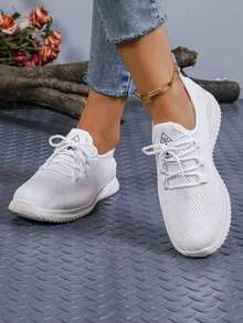 Women's Breathable Knit Slip- Shoes - Lightweight Low-Top Sneakers With Soft EVA/PVC Sole, All-Season Comfort For Walking, Jogging & Casual Wear - White, Ladies Sneakers, Round Toe Design, Cushioned Sole, Women - 白色 - 查看 4