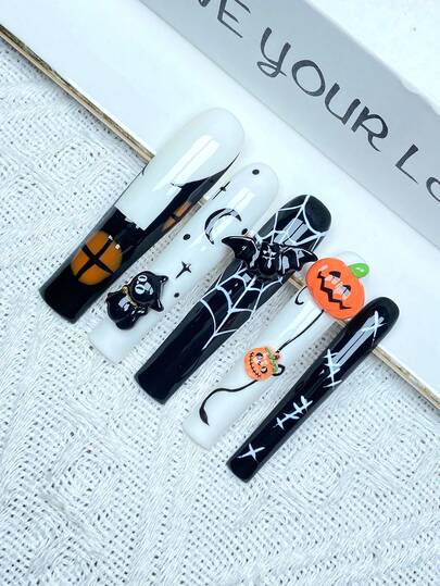 10 szt. Y2K, Halloween, bardzo długie francuskie paznokcie prasowane, pełne pokrycie, sztuczne paznokcie, ręcznie robione, z 3D dynią, duchem, nietoperzem, czarnym kotem, idealnie dopasowane, wielokrotnego użytku zdobienia paznokci, 1 szt. żel żelowy/1 szt. mini paski polerujące, odpinany zestaw do paznokci prasowanych, odpowiednie dla kobiet i dziewcząt na przyjęcia świąteczne i do codziennego użytku, produkty do paznokci
