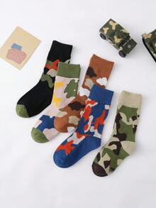 5 Pairs Boys' Printed Crew Socks (3-12 Years Old) - Soft And Simple Camouflage Mid-Calf Socks Suitable For Boys, Suitable For Sports And Back To School Outfits