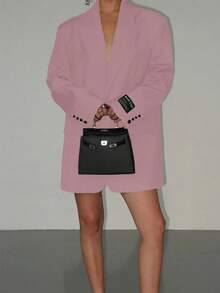 Women's Pink Letter Embroidered Lapel Long Sleeve Single-Breasted Casual Loose Blazer Jacket, Suitable For Banquet, Wedding, Festival, Gathering, Party, Outing And Other Occasions, Spring/Autumn