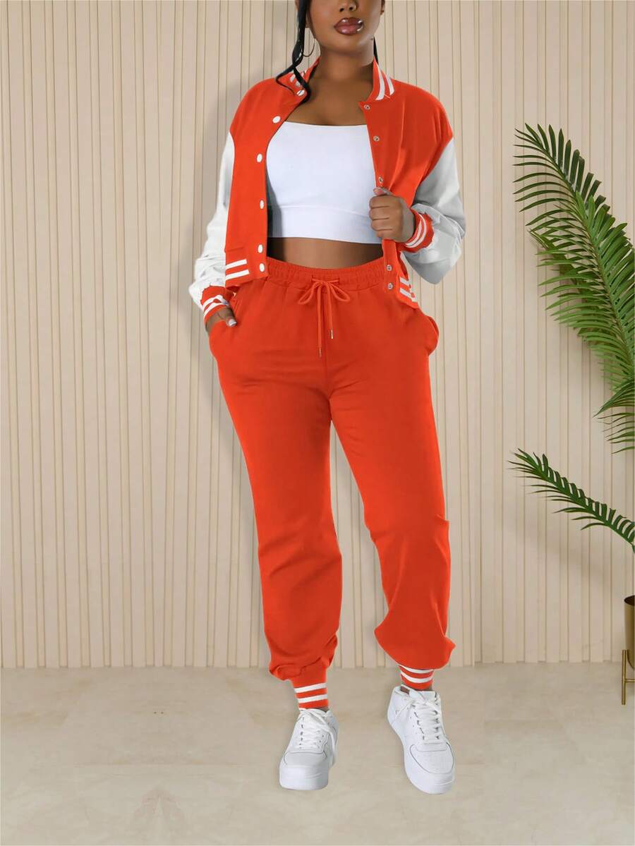 2pcs Women Casual Sports Style Patchwork Single-Breasted Baseball Jacket And Pants Set, Autumn/Winter