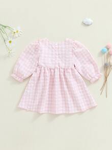 Toddler Baby Girl Fall Outfit Goose Embroidered Plaid Bows Ruffled Trim Smocked Dress Crewneck Long Sleeve A Line Dress Birstday Party Dress - 粉色 - 查看 2
