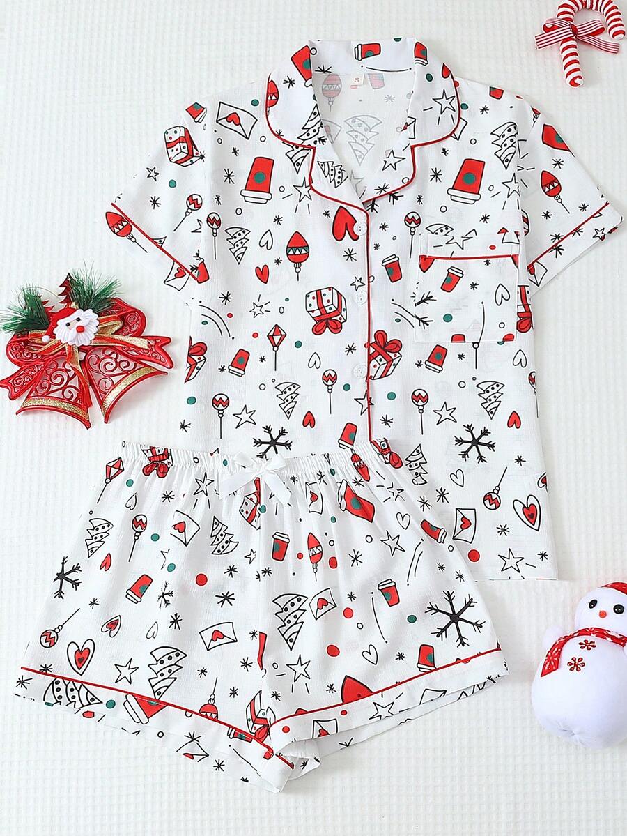 Bộ đồ ngủ nữ, Xuân/Hè, Hộp quà Giáng sinh, Áo tay ngắn cài nút in hình kẹo và quần short nơ, Thích hợp mặc ở nhà dịp Giáng sinh - trắng - Xem 1
