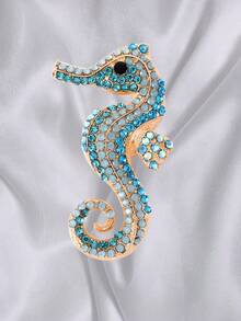 1pc Vintage Autumn/Winter Cute Rhinestone Seahorse Brooch, Creative Ocean Animal Clothing Accessory Pin Halloween Halloween Accessories Teachers Day00 Christmas Gift - Opal Blue - View 3