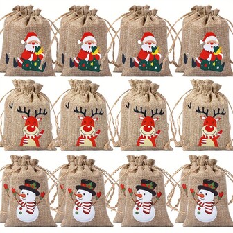 24pcs Christmas Gift Bags With Drawstring Closure - Santa, Reindeer, Snowman Designs - Burlap-Like Fabric Bags (1/6/12/24 Count) For Xmas Favors, Advent Calendar, Tree Decorations - Party, Office, Family Gatherings - Holiday Goodie Bags, Gift Bags Christmas, Festive Treat Holders, Festive Illustrations, Rustic Charm Bags, Party Favors, Reusable Packaging, Office Gifts Christmas Christmas Decorations Christmas Pajamas Christmas Gifts Christmas Decor