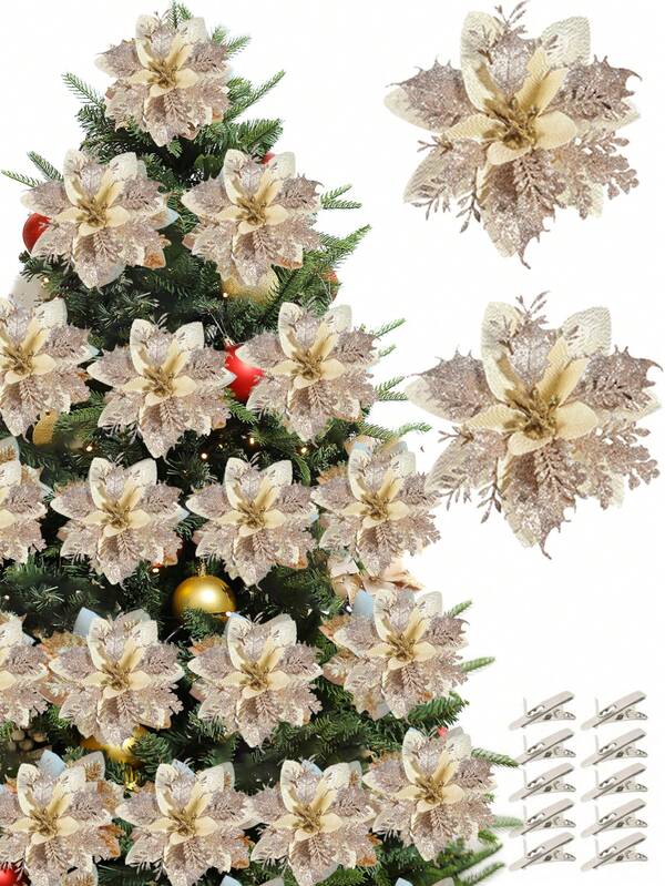 20 piezas/10 piezas/1 pieza Hojas artificiales brillantes, flores artificiales lindas para decoración del árbol de Navidad, relleno de jarrón para sala de estar y dormitorio, boda, fiesta. Decoración del hogar, relleno del escritorio de la oficina. Decoración de Halloween, suministros de Acción de Gracias Navidad, decoración del hogar, decoración de mesa, decoraciones navideñas, disfraz de Halloween, flores de Navidad artificiales brillantes, coronas de DIY, decoración del hogar, fiesta de boda, decoración de regalo de Navidad, decoraciones navideñas, decoración de fiesta festiva