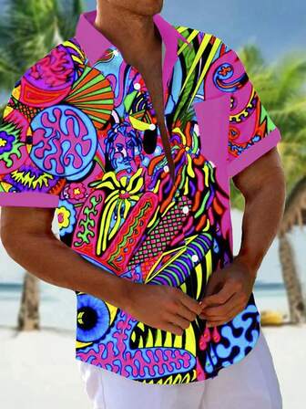 Abstract Art Printed Men Plus Size Short Sleeve Button Pocket Hawaiian Shirt, Summer