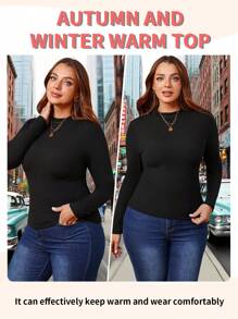 1 件加大码羊毛高领长袖上衣，纯色休闲修身百搭汗衫，适合外套、运动、瑜伽