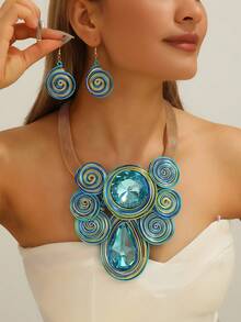 1 Set Aluminum Wire Woven Aqua Blue Teardrop Elegant Exaggerated Vintage Bohemian Necklace & Earrings, Suitable For Formal Occasions - Multicolor - View 16