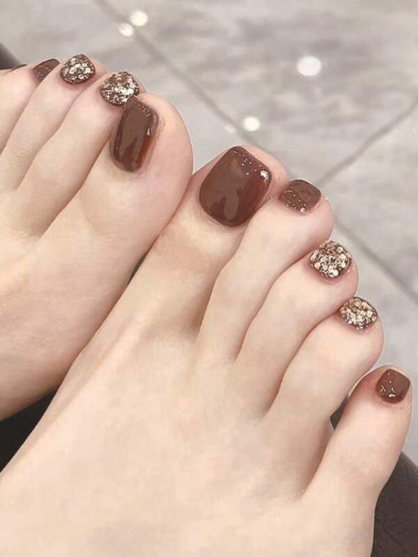 24Pcs Short Square Toe Nail Stickers, Beige Tone Glitter Mixed With Solid Beige Color Nail Decals, Includes 1Pc Nail Buffer And 1Pc Jelly Gel Press On Nails Nail Supplies Nails