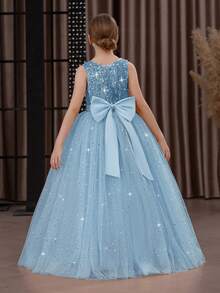 Tween Girl Sequin 3D Bow Tulle Party Dress, Elegant Blue Christmas Party Princess Dress, Suitable For Girls Birthday Party, Prom, Wedding Bridesmaid, Thanksgiving, Graduation