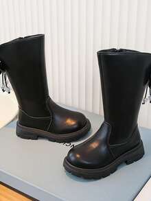 1 Pair Extra Large Black Bow & Colorful Crystal Pendant Decorated Princess Boots, Solid Color Elegant & Fashionable Mid-Calf Boots, Side Zipper Design For Easy On/Off, Thermal Lined For Warmth, Thick Sole For Durable Wear, Suitable For Princess Dresses Or Casual Pants, Fit For Children & Teenage Girls, Autumn/Winter