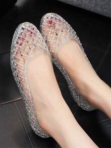 Women's Flat Sandals, New Hollow Out Crystal Jelly Shoes, Waterproof Plastic Shiny Beach Shoes