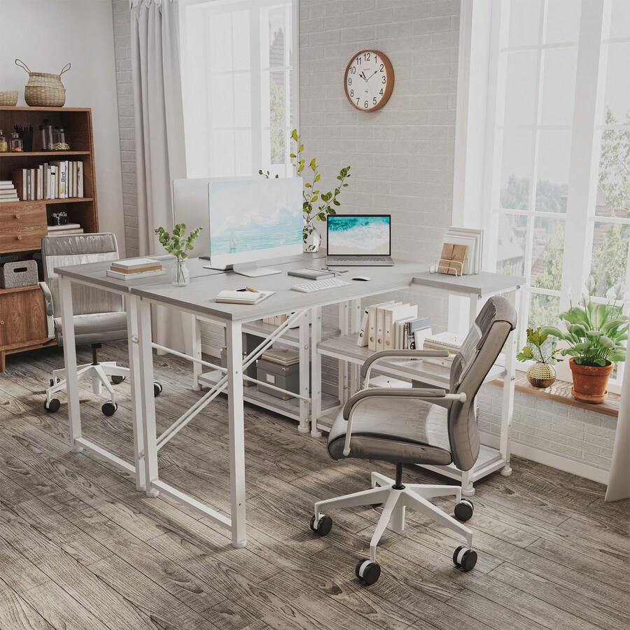 Mesa de juego GUNJI de 110 cm con compartimentos de almacenamiento, mesa de esquina reversible para PC, mesa de ordenador, mesa de juego de esquina para estudio - Gris - View 1