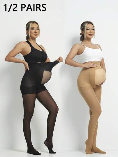 1/2 Pairs Black-Skinned Pregnant Women's Silk Stockings Base Socks, Transparent Belly Design, High-Elasticity Nylon Material Breathable And Not Easy To Snail-Tighten Tight Pants, Suitable For Early, Middle And Late Pregnancy, Fall