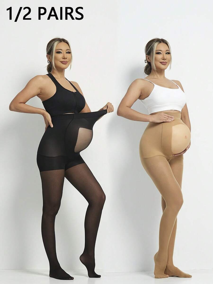 1/2双黑色孕妇丝袜打底袜，透明肚腩设计，高弹力尼龙材质透气不易走丝紧身裤，适合孕早期、中期、晚期，秋季 - 彩色 - 查看 1