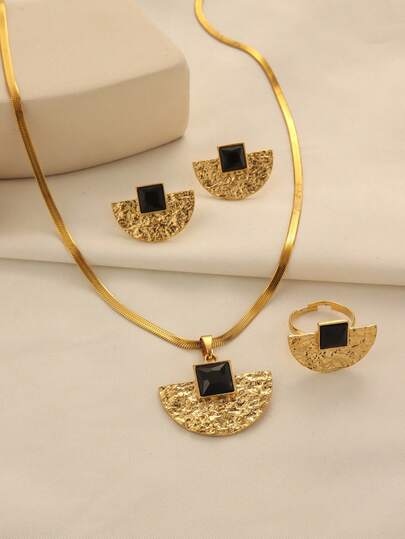 1 Set de Joyería Minimalista Vintage de Aleación de Cobre Chapada en Oro con Colgante en Forma de Abanico, Aretes de Cristal Cuadrados, Anillo y Collar, Adecuado para Uso Diario de Mujeres y Regalos de Vacaciones