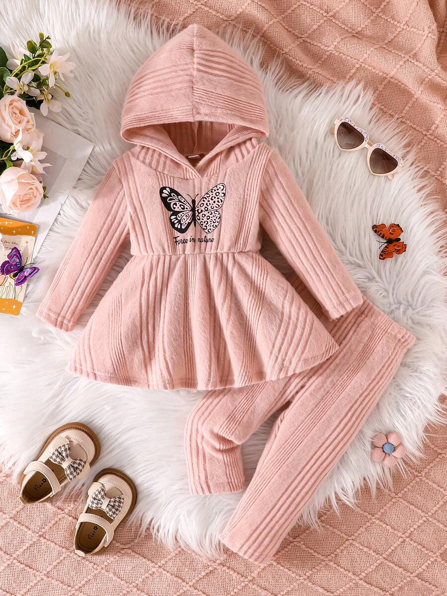 2 件套女婴甜美温柔蝴蝶印花字母针织连帽衫和裤子套装