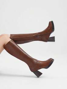 Neue schwarze Kniehohe Stiefel, Retro Damen Stiefel mit quadratischer Zehenform im Ritterstil, wasserdichte Plateau Absatz Stiefel, schmale elastische Wadenhöhe Stiefel, gepolsterte Sohle Schuhe mit erhöhter Höhe für Große Größen - Kamelfarben - Übersicht 5