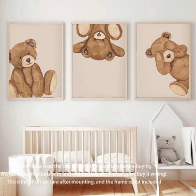 3 piezas de arte en lienzo enmarcado, arte de pared en lienzo enmarcado para el Día del Niño, decoración de guardería de oso de peluche, estilo neutro de arte de pared para habitación infantil, juego de 3 impresiones, lindos diseños de animales asomándose, descargas digitales para guardería o sala de juegos, decoración de pared de guardería, decoraciones de guardería, pósteres de decoración de pared, arte de pared inspirador, colgantes de pared, listos para colgar.