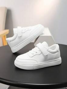 Yamepp 1 Paar Kinder Freizeitschuhe, einfarbige schlichte weiße Sneaker, Klettverschluss, leicht & bequem für die Schule