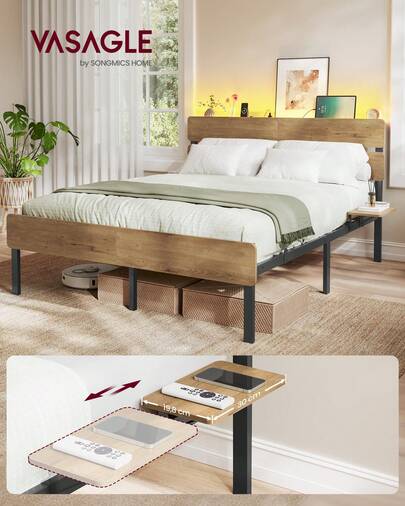 VASAGLE Double Metal Bed Frame, 135 X 190 Cm, LED Lights, USB And Type-C Ports, Under-Bed Storage Space, Industrial Style, Easy Assembly, Natural Brown