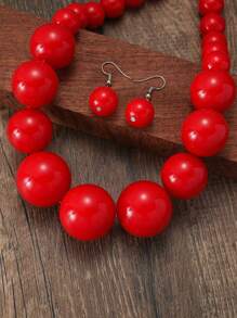 3pcs/Set Minimalist Style Red Beaded Necklace & Earrings Jewelry Set, Suitable For Women's Daily Wear - Set - View 2