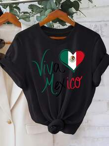 Camiseta Gráfica Patriótica "Viva México" - Cuello Redondo, Manga Corta - Lavable a Máquina - Moda Femenina - Negro - Ver 6