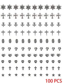 100pcs Gothic, Retro, Punk Cross, Heart Shaped Metal Nail Art Stickers Decals Set, Halloween Goth Nail Decorations, Women Acrylic Nail DIY Design, Y2K High-End Metal Style Nail Art Decoration Kit, DIY Nail Supplies, Nail Jewelry, Nail Gems, Nail Art Set, Nail Salon, Nail Technician Essentials Nails - Multicolor - View 5