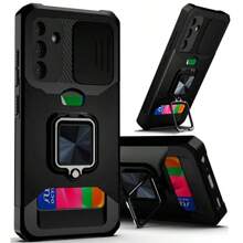 Card Holder Wallet Case With Sliding Cover, Magnetic Invisible Stand, Compatible With IPhone 17PM/16/15/14/13/12/11/X/7/8/6 Series, S Series, Pixel, Moto - Black - View 1