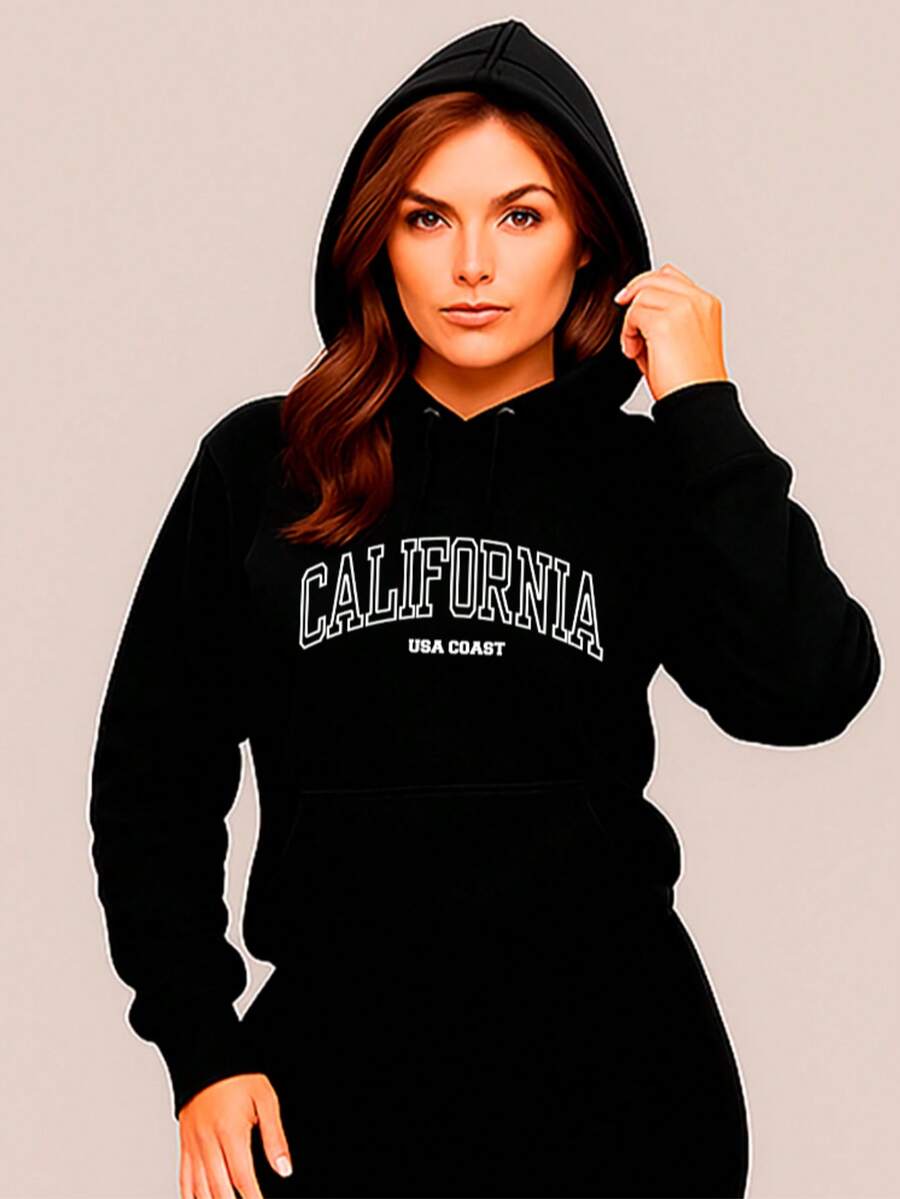 Women's Cold Weather Sweatshirt In Various Colors With California USA Print Fast Shipping Blouse With Pocket And Hood - 黑色 - 查看 1