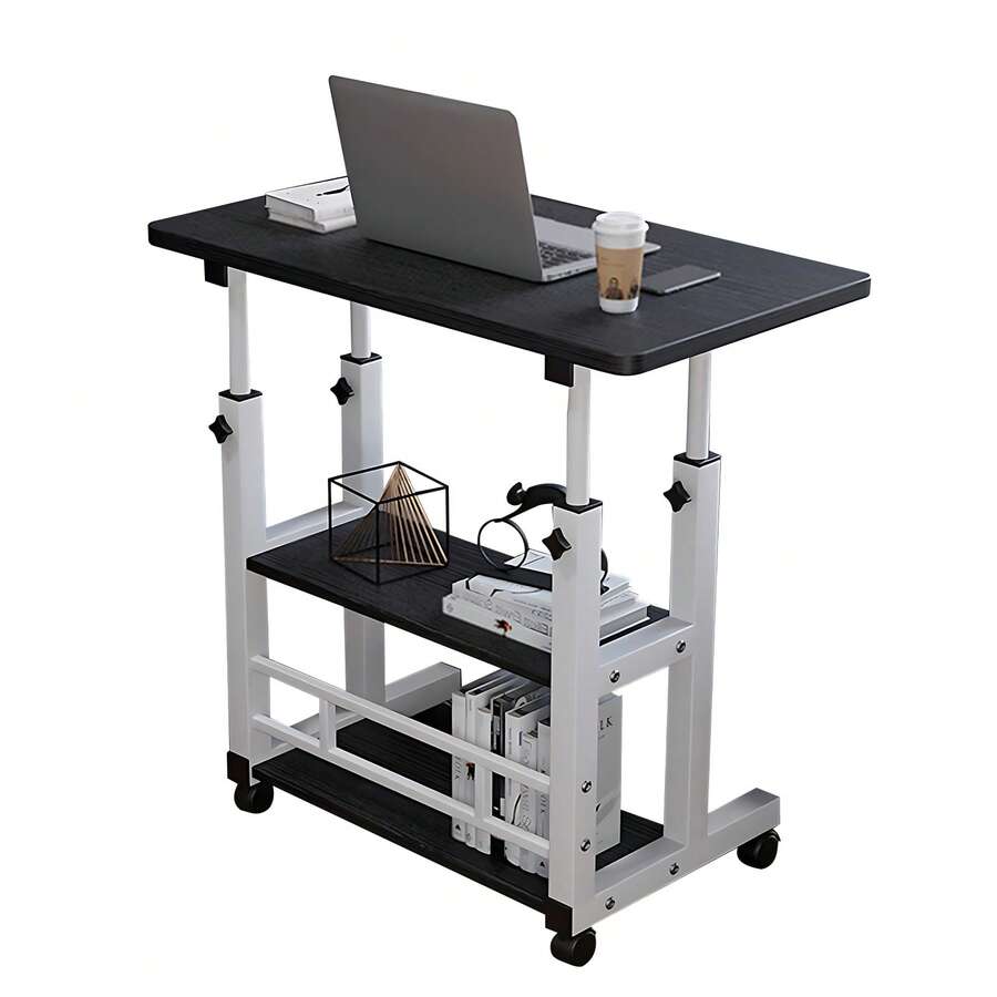 Adjustable Height Mobile Desk With Locking Wheels, 60-90cm Rolling Computer Cart, Sturdy Metal & Storage Shelves, Space Saving Home Office Trolley For Laptop - 黑色 - 查看 1