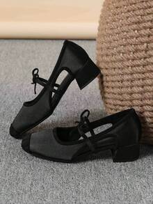 Square Toe Chunky Heel Women's Shoes, Versatile Bow Slip-On Flats, Fashionable Loafers, Black High Heels, Women's High Heel Pumps, Run Large, Size 35-43