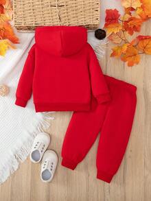 Baby Girl Casual Fashion Festive Bow Print Hooded Sweatshirt And Pants Set, Autumn/Winter - Red - View 2