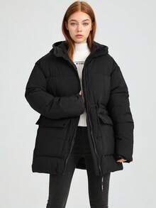 New Women's Black Hooded Padded Coat With Drawstring And Pockets Long Regular Sleeve Winter Jacket
