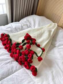 1PC Finished Rose Blanket A Bouquet Of Rose Flowers Handmade Crochet Acrylic Grace Fuzzy Sweater Lily Of The Valley Throw With Milk Rose Fringe Bed Couch Mother's Day Gift Just For Mommy
