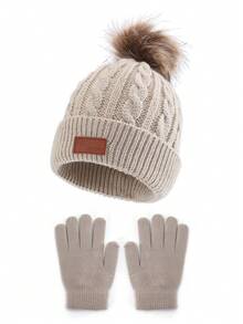 1 Set (1 Hat + 1 Pair Gloves) Kids Knit Hat With Leather Label, Autumn/Winter - 1PC - View 12