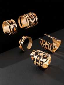 5pcs Leopard Print Ring Set, Vintage Bohemian Style, Perfect Accessory For Casual Outfits - Multicolor - View 4
