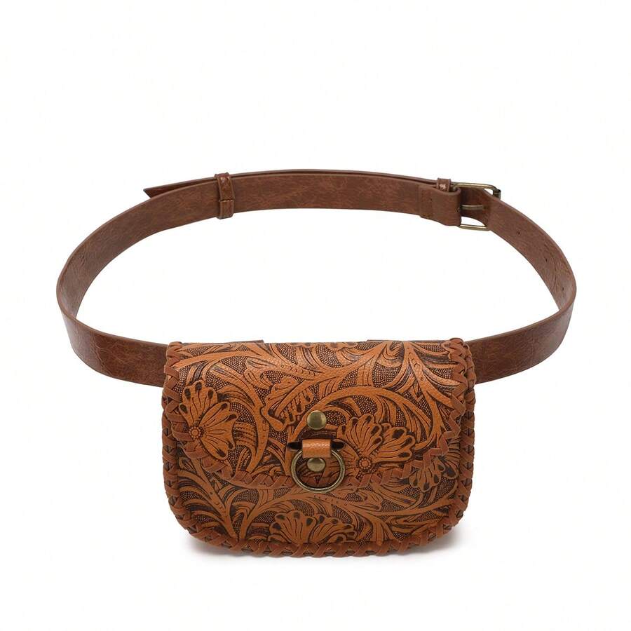 Women's Shoulder Bag Handmade Leather Carved Flower Fanny Pack Vintage Tan Adjustable Belt Mini Shoulder Bag Western Style Carved Leather Waist Bag Vintage Embossing Craft Versatile Crossbody Bag - 棕色 - 查看 1