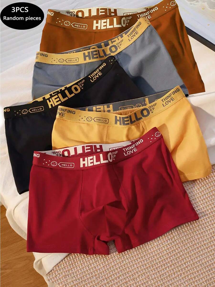 3pcs Men's Boxer Briefs With "HELLO" Waistband, Soft & Comfortable, Casual Underwear