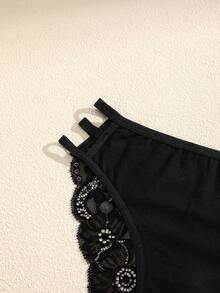 3件套纯色蕾丝拼接细肩带镂空性感浪漫女士内裤 - 彩色 - 查看 4