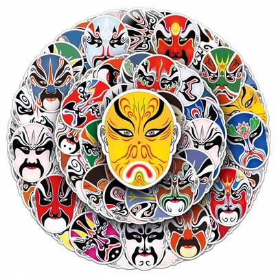 50Pcs Funny Peking Opera Facial Makeup Stickers Chinese Cultural Decoration Stickers Aesthetic Art Stickers Scrapbook Stickers Journal Stickers Bulk Stickers Vinyl Waterproof Stickers For Water Bottle,Computer,Laptop,Phone,Luggage,Notebook,Fridge